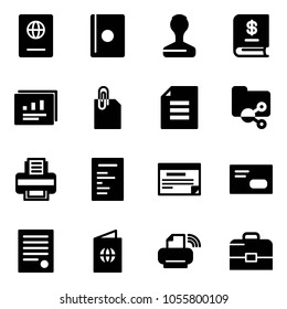 Solid vector icon set - passport vector, stamp, annual report, statistics, attachment, document, shared folder, printer, schedule, envelope, agreement, wireless, case