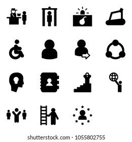 Solid vector icon set - passport control vector, metal detector gate, terrorism, treadmill, disabled, user, login, community, head bulb, contact book, success, world, team leader, opportunity
