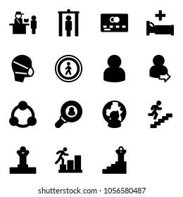 Solid vector icon set - passport control vector, metal detector gate, credit card, hospital bed, medical mask, no pedestrian road sign, user, login, social, head hunter, man globe, career, winner