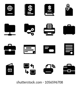 Solid vector icon set - passport vector, annual report, attachment, network folder, shared, printer, case, portfolio, schedule, envelope, agreement, data exchange, wireless