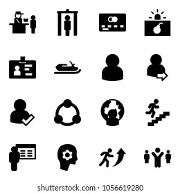 Solid vector icon set - passport control vector, metal detector gate, credit card, terrorism, identity, snowmobile, user, login, check, community, man globe, career, presentation, brain work