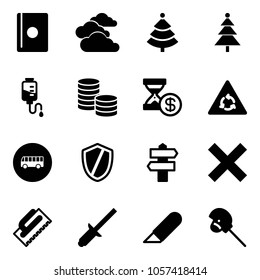 Solid vector icon set - passport vector, clouds, christmas tree, drop counter, coin, account history, round motion road sign, bus, shield, signpost, delete, trowel, clinch, work knife