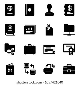 Solid vector icon set - passport vector, stamp, annual report, statistics, attachment, network folder, shared, case, schedule, certificate, data exchange, printer wireless