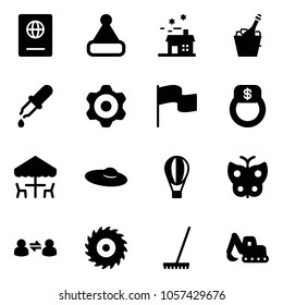 Solid vector icon set - passport vector, christmas hat, house, champagne, pipette, gear, flag, finger ring, outdoor cafe, woman, air balloon, butterfly, information exchange, saw disk, rake
