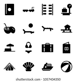 Solid vector icon set - passport vector, baggage truck, plane seats, scales, coconut cocktail, lounger, bungalow, inflatable pool, swimsuit, suitcase, tent, shell, cruiser, beach ball