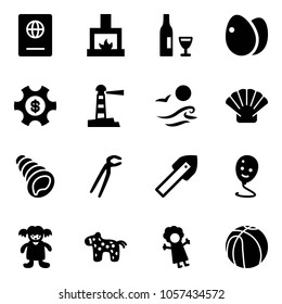 Solid vector icon set - passport vector, fireplace, wine, eggs, money managemet, lighthouse, waves, shell, plumber, tile drill, balloon smile, doll, toy horse, basketball