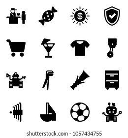 Solid vector icon set - passport control vector, candy, dollar sun, shield check, cart, drink, t shirt, piston, robot, plumber, dowel, tool cabinet, allen key set, sailboat toy, soccer ball