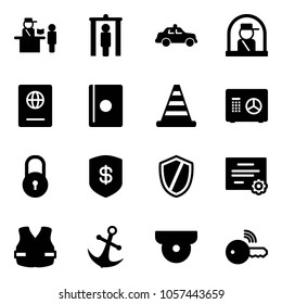 Solid vector icon set - passport control vector, metal detector gate, safety car, officer window, road cone, safe, lock, shield, certificate, life vest, anchor, surveillance camera, wireless key