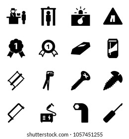 Solid vector icon set - passport control vector, metal detector gate, terrorism, Road narrows sign, gold medal, drink, bucksaw, plumber, screw, hacksaw, welding, allen key, awl