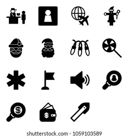 Solid vector icon set - passport control vector, female wc, plane globe, santa claus, garland, lollipop, ambulance star, flag, volume medium, head hunter, search money, finance management