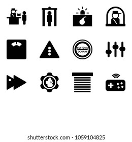 Solid vector icon set - passport control vector, metal detector gate, terrorism, officer window, floor scales, traffic light road sign, customs, settings, fast forward, gear globe, jalousie