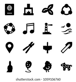 Solid vector icon set - passport vector, fireplace, three leafs, social, friends, music, lighthouse, waves, navigation pin, bolt cutter, crown drill, tile, brush, balloon smile, chicken toy, horse