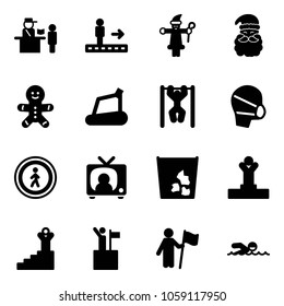 Solid vector icon set - passport control vector, travolator, santa claus, cake man, treadmill, pull ups, medical mask, no pedestrian road sign, tv news, garbage, winner, success, win, swimming