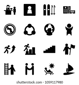 Solid vector icon set - passport control vector, female wc, ski, hospital building, no left turn road sign, social, man globe, success, career, stairs, win, opportunity, agreement, beach