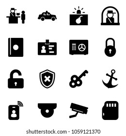 Solid vector icon set - passport control vector, safety car, terrorism, officer window, identity, safe, lock, unlocked, shield cross, key, anchor, card, surveillance camera, micro flash