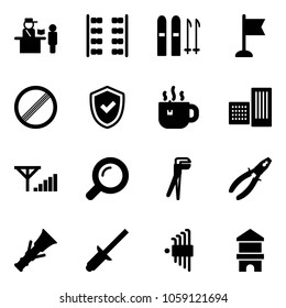 Solid vector icon set - passport control vector, plane seats, ski, flag, no limit road sign, shield check, hot tea, building, fine signal, magnifier, plumber, pliers, dowel, clinch, allen key set