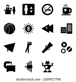 Solid vector icon set - passport control vector, elevator, no smoking sign, tea, basketball ball, dollar sun, fast backward, building, paper fly, plumber, dowel, rivet, machine tool, allen key set