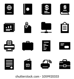 Solid vector icon set - passport vector, annual report, statistics, attachment, network folder, clipboard, printer, case, document, envelope, agreement, wireless