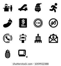 Solid vector icon set - passport control vector, trap truck, santa claus, run, eggplant, annual report, speed limit 130 road sign, end, phone horn, signpost, bank building, mail dollar, pineapple