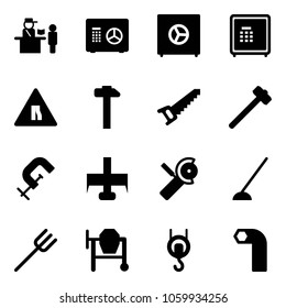 Solid vector icon set - passport control vector, safe, Road narrows sign, hammer, saw, sledgehammer, clamp, milling cutter, Angular grinder, hoe, farm fork, cocncrete mixer, winch, allen key