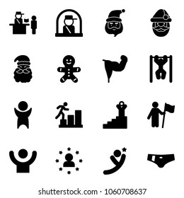 Solid vector icon set - passport control vector, officer window, santa claus, cake man, power hand, pull ups, success, career, win, star, flying, swimsuit