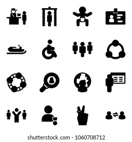 Solid vector icon set - passport control vector, metal detector gate, baby, identity, snowmobile, disabled, group, social, friends, head hunter, man globe, presentation, team leader, winner, victory