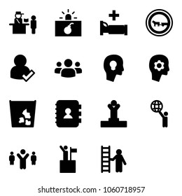 Solid vector icon set - passport control vector, terrorism, hospital bed, no cart horse road sign, user check, group, head bulb, brain work, garbage, contact book, winner, world, team leader, win