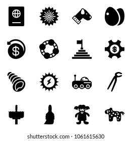 Solid vector icon set - passport vector, firework, dog, eggs, money back, friends, pyramid flag, managemet, shell, sun power, moon rover, plumber, crown drill, brush, doll, toy horse