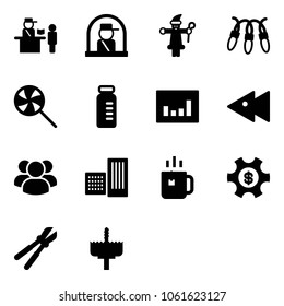 Solid vector icon set - passport control vector, officer window, santa claus, garland, lollipop, vial, statistics, fast backward, group, building, green tea, money managemet, bolt cutter