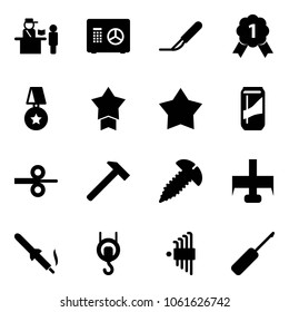 Solid vector icon set - passport control vector, safe, scalpel, gold medal, star, drink, steel rolling, hammer, screw, milling cutter, soldering iron, winch, allen key set, awl
