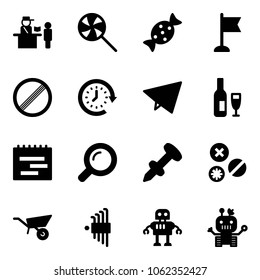 Solid vector icon set - passport control vector, lollipop, candy, flag, no limit road sign, clock around, paper fly, wine, terms plan, magnifier, nail dowel, rivet, wheelbarrow, allen key set, robot