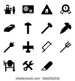 Solid vector icon set - passport control vector, safe, Road narrows sign, gold medal, hammer, sledgehammer, screw, wood drill, milling cutter, metal hacksaw, farm fork, cocncrete mixer, wrench