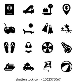 Solid vector icon set - passport vector, trap truck, baggage scales, dollar pin, coconut cocktail, lounger, flippers, palm, flip flops, swimsuit, parasol, shell, cruiser, car, kite, beach ball