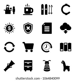 Solid vector icon set - passport control vector, tea, ski, cent, dollar sun, shield cross, document, download cloud, refresh, cart, clock around, battery, dowel, tool cabinet, pyramid toy, giraffe