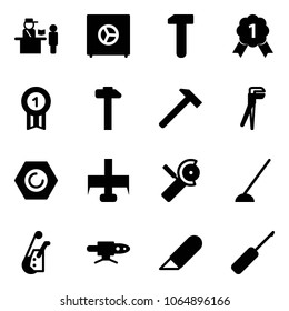 Solid vector icon set - passport control vector, safe, work, gold medal, hammer, plumber, nut, milling cutter, Angular grinder, hoe, winch, pipe welding, knife, awl