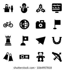 Solid vector icon set - passport control vector, snowman, holly, diagnostic monitor, bike, globe, camera, flag, chess tower, paper fly, luck, flippers, projector, bear toy, bow