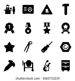 Solid vector icon set - passport control vector, safe, Road narrows sign, work, gold medal, star, plumber, screwdriver, nut, screw, cocncrete mixer, winch, tool cabinet
