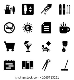 Solid vector icon set - passport control vector, elevator, firework rocket, ski, no smoking sign, dollar sun, document, hot tea, cart, drink, beach, piston, terms plan, battery, plumber, rake