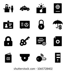 Solid vector icon set - passport control vector, safety car, terrorism, identity, safe, lock, insurance, locked, key, certificate, surveillance camera, wireless, server