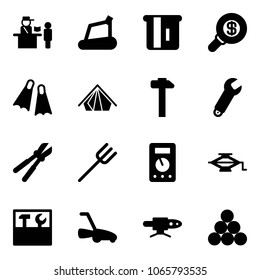Solid vector icon set - passport control vector, treadmill, atm, search money, flippers, tent, hammer, wrench, bolt cutter, farm fork, multimeter, jack, tool box, lawn mower, pipe welding