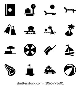 Solid vector icon set - passport vector, baggage scales, lounger, flippers, bungalow, palm, inflatable pool, parasol, suitcase, sail boat, shell, sand castle, car, beach ball