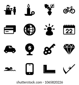 Solid vector icon set - passport control vector, candle, holly, bike, credit card, globe, idea, calendar, car, money tree, key, diamond, swimming, mobile phone, corner ruler, scythe
