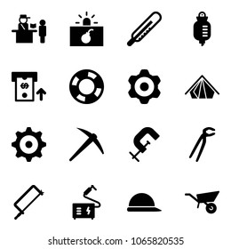 Solid Vector Icon Set - Passport Control Vector, Terrorism, Thermometer, Drop Counter, Atm, Lifebuoy, Gear, Tent, Axe, Clamp, Plumber, Metal Hacksaw, Welding, Construction Helmet, Wheelbarrow