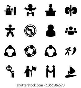 Solid vector icon set - passport control vector, baby, recieptionist, kidneys, gymnastics, no left turn road sign, user, group, social, friends, community, career, world, win, agreement, windsurfing