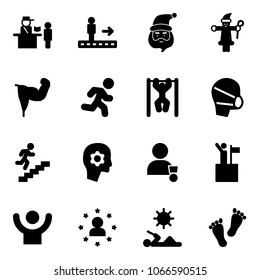 Solid vector icon set - passport control vector, travolator, santa claus, power hand, run, pull ups, medical mask, career, brain work, winner, win, success, star man, reading, feet