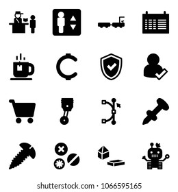 Solid vector icon set - passport control vector, elevator, baggage truck, schedule, tea, cent, shield check, user, cart, piston, bezier, nail dowel, screw, rivet, constructor blocks, robot
