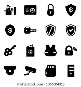 Solid vector icon set - passport control vector, safe, lock, key, shield, check, life vest, wireless, surveillance camera, micro flash card, server