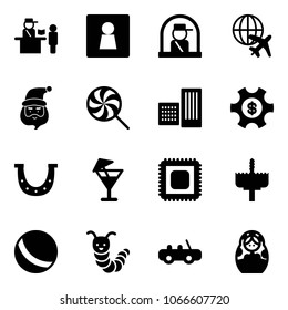 Solid vector icon set - passport control vector, female wc, officer window, plane globe, santa claus, lollipop, building, money managemet, luck, drink, cpu, crown drill, ball, toy caterpillar, car