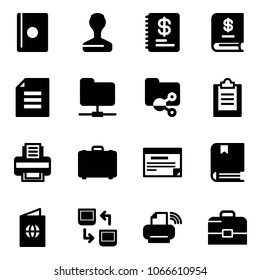 Solid vector icon set - passport vector, stamp, annual report, document, network folder, shared, clipboard, printer, case, schedule, book, data exchange, wireless
