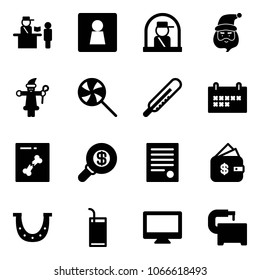 Solid vector icon set - passport control vector, female wc, officer window, santa claus, lollipop, thermometer, schedule, x ray, search money, agreement, finance management, luck, drink, monitor